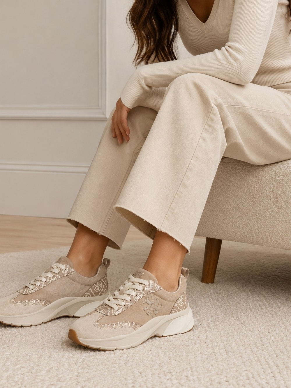 Tory Burch Beige Logo Print Chunky Sneakers - Picture 2 of 8